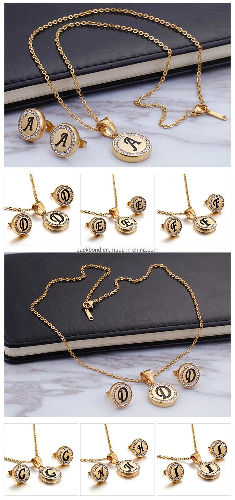 New Fashion 26 Letters 18K Gold Jewelry 316L Stainless Steel Diamond Alphabet Pendant Charm Letter Initial Necklace Short Charm Necklace Earring Set