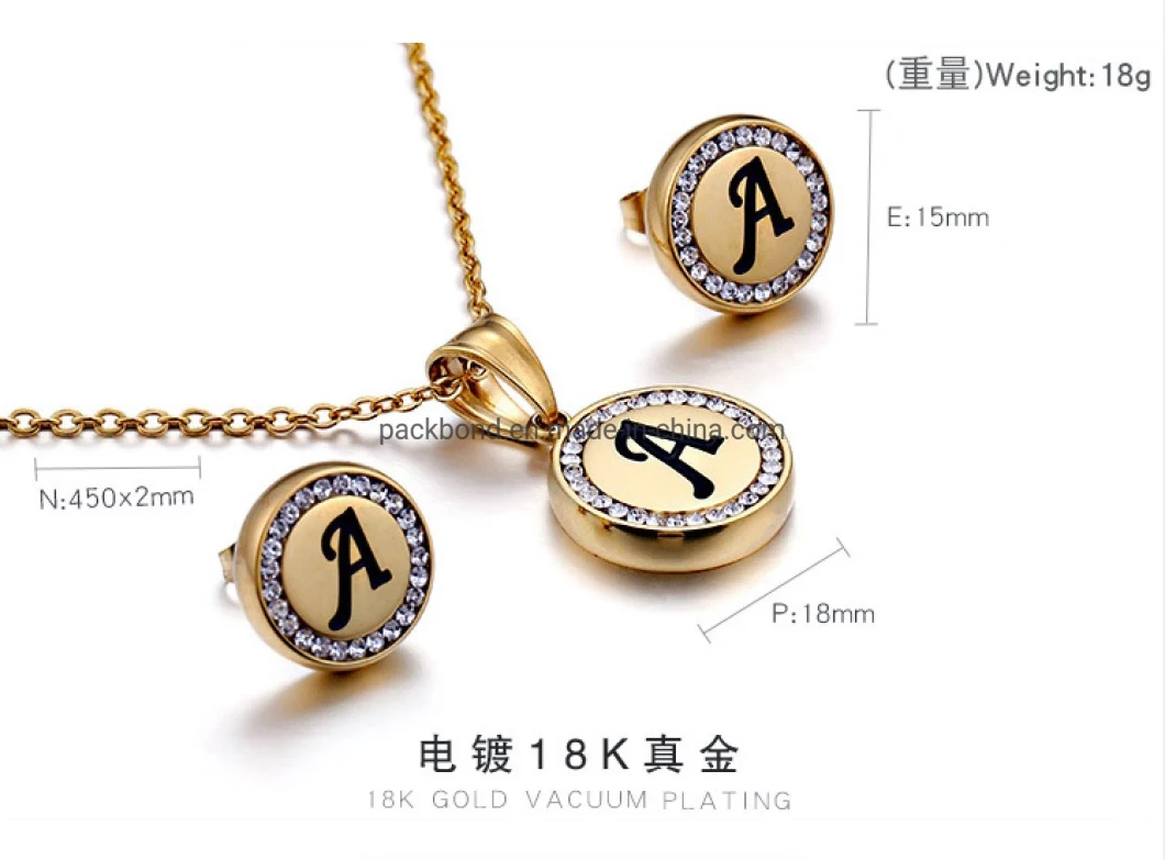 New Fashion 26 Letters 18K Gold Jewelry 316L Stainless Steel Diamond Alphabet Pendant Charm Letter Initial Necklace Short Charm Necklace Earring Set