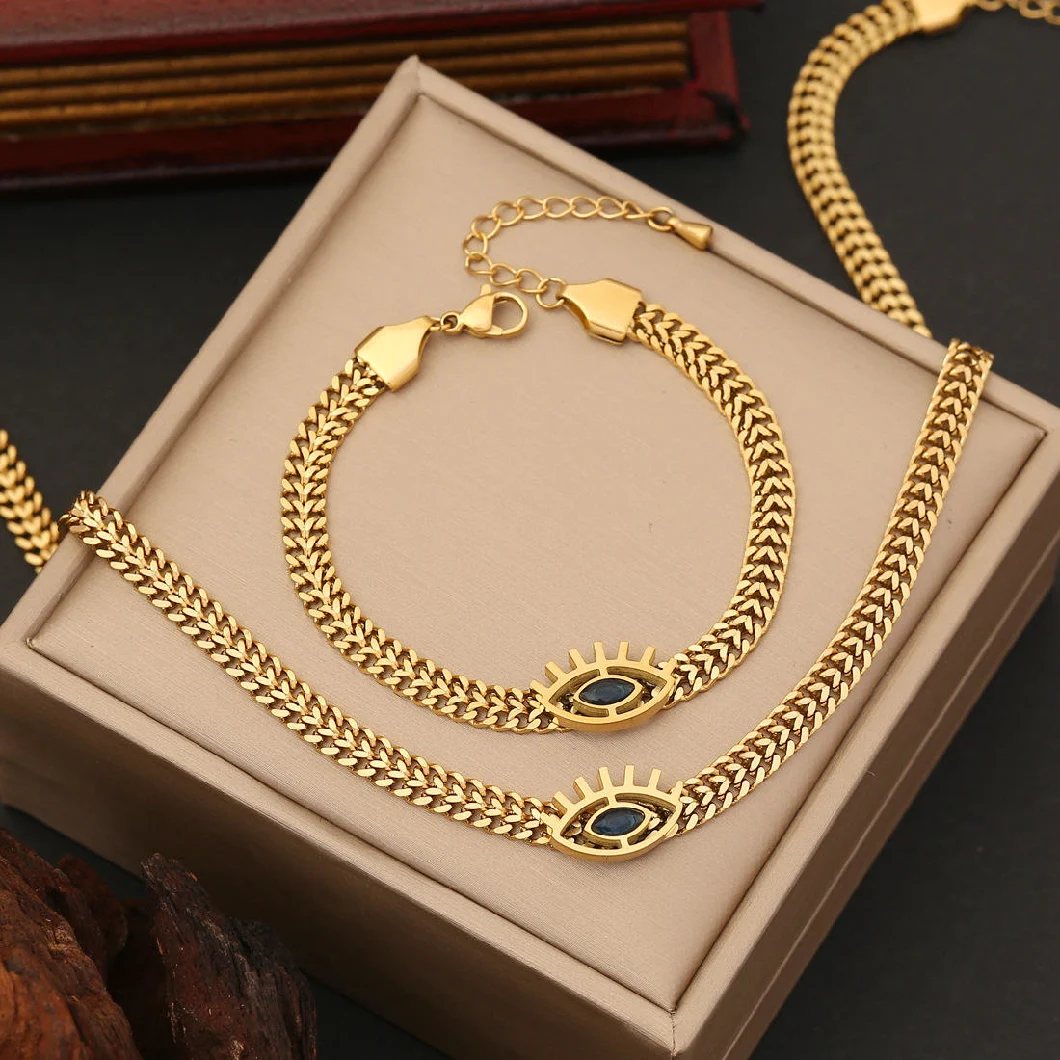 Devil Eyes Jewelry Tarnish Gold Plated Stainless Steel Necklace Bracelet Earrings Set