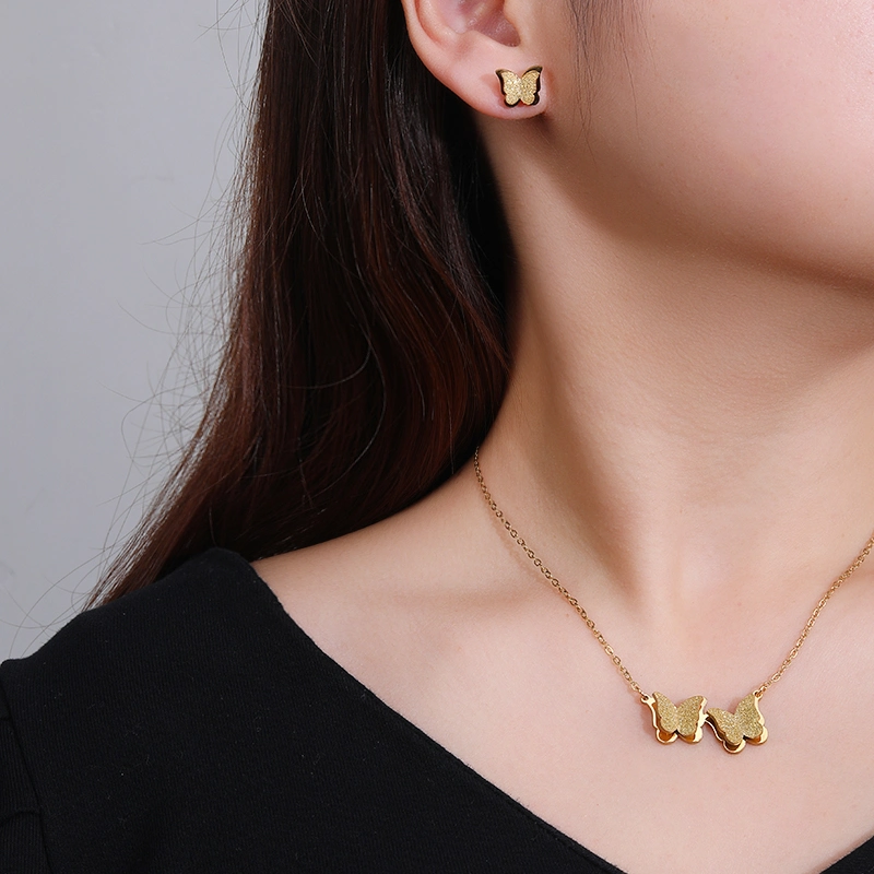 Double Butterfly Design Stainless Steel Earrings Necklace Jewelry Set for Women