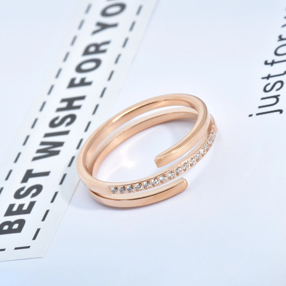 Women&prime;s Simple Stainless Steel 18K Rose Gold Plated Double Layer Cubic Zirconia Knuckle Ring