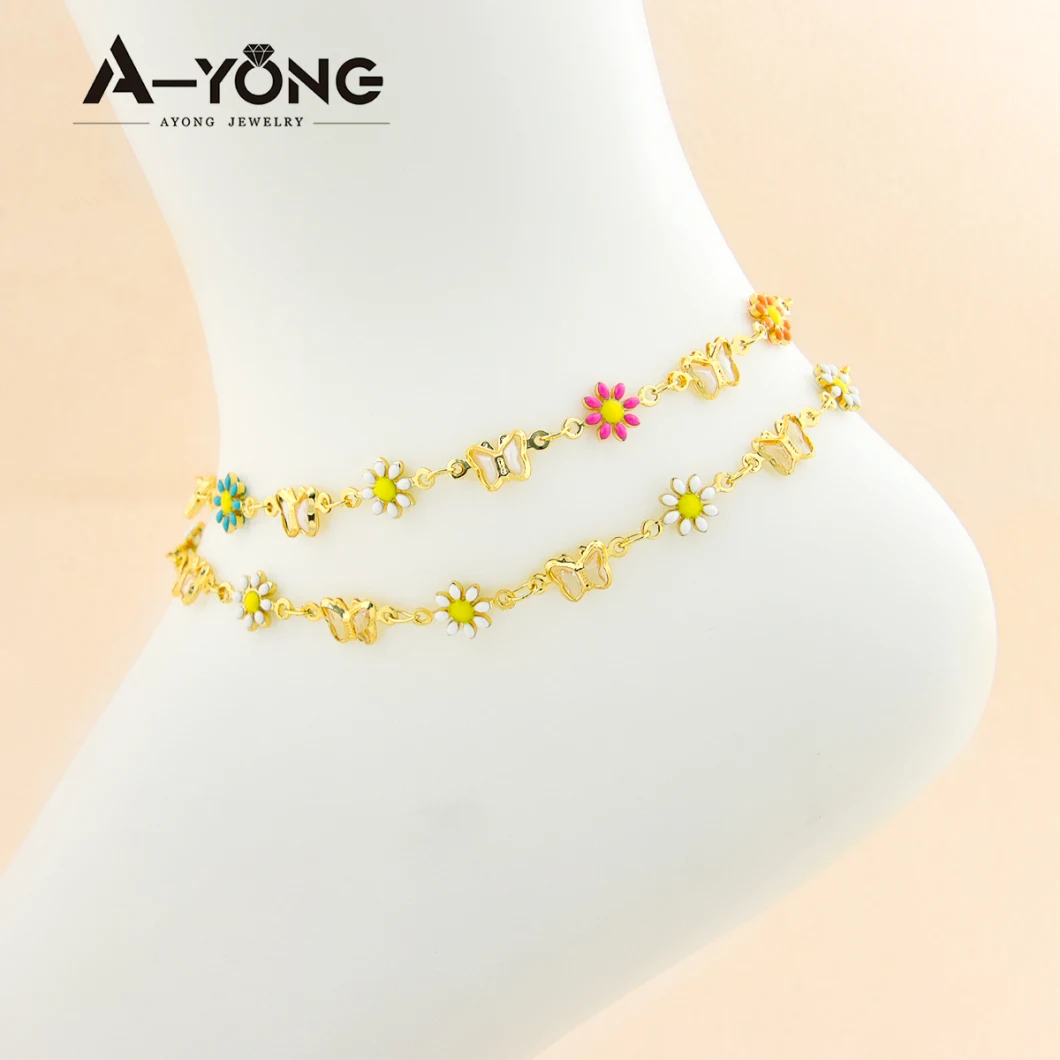 Foot Chain Jewelry Handmade Copper Body Jewelry Flower Butterfly Anklet Women&prime;s 18K Gold Plated Anklets