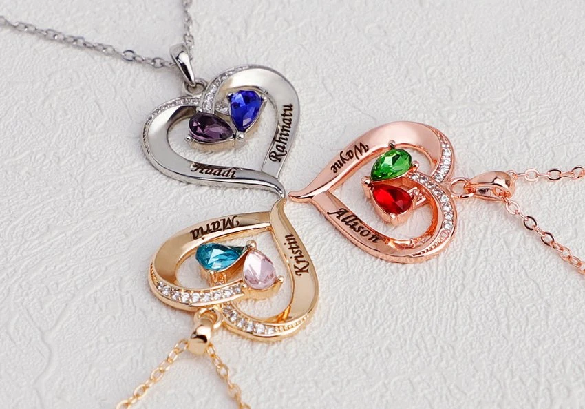Custom Names Heart Pendant Necklace Personalized Birthstone Mother&prime;s Day Jewelry Creative Gift