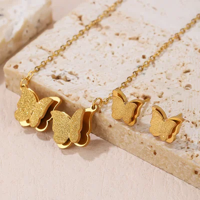 Double Butterfly Design Stainless Steel Earrings Necklace Jewelry Set for Women