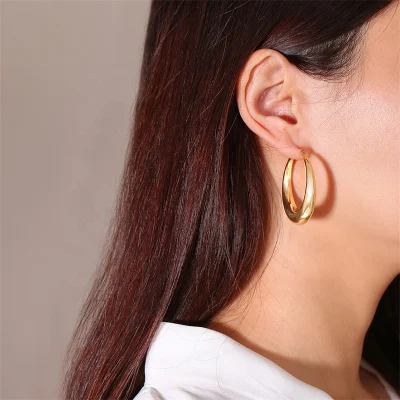 Fashion 18K Gold Plated Stainless Steel Jewelry Statement Geometric Hollow out Big Large Thick Chunky Hoop Earrings for Women