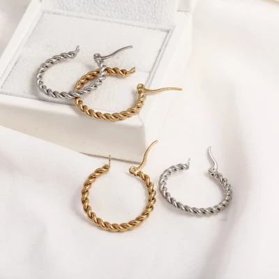 Fashion Simple Trendy Catwalk Gold Stainless Steel Twisted Hoop Earrings