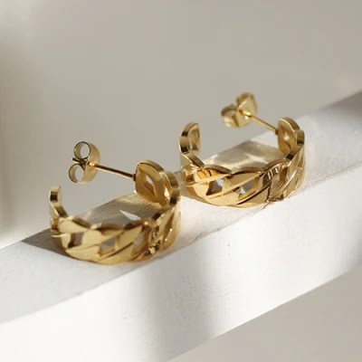 Waterproof Hypoallergenic Stainless Steel Women Minimalist Jewelry 18K Gold Plated Hollow C Cuban Chain Hoop Stud Earrings