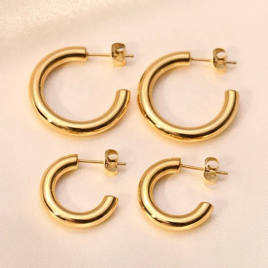 Stainless Steel 18K Gold Plated High Quality Glossy C Shaped Stud Earrings